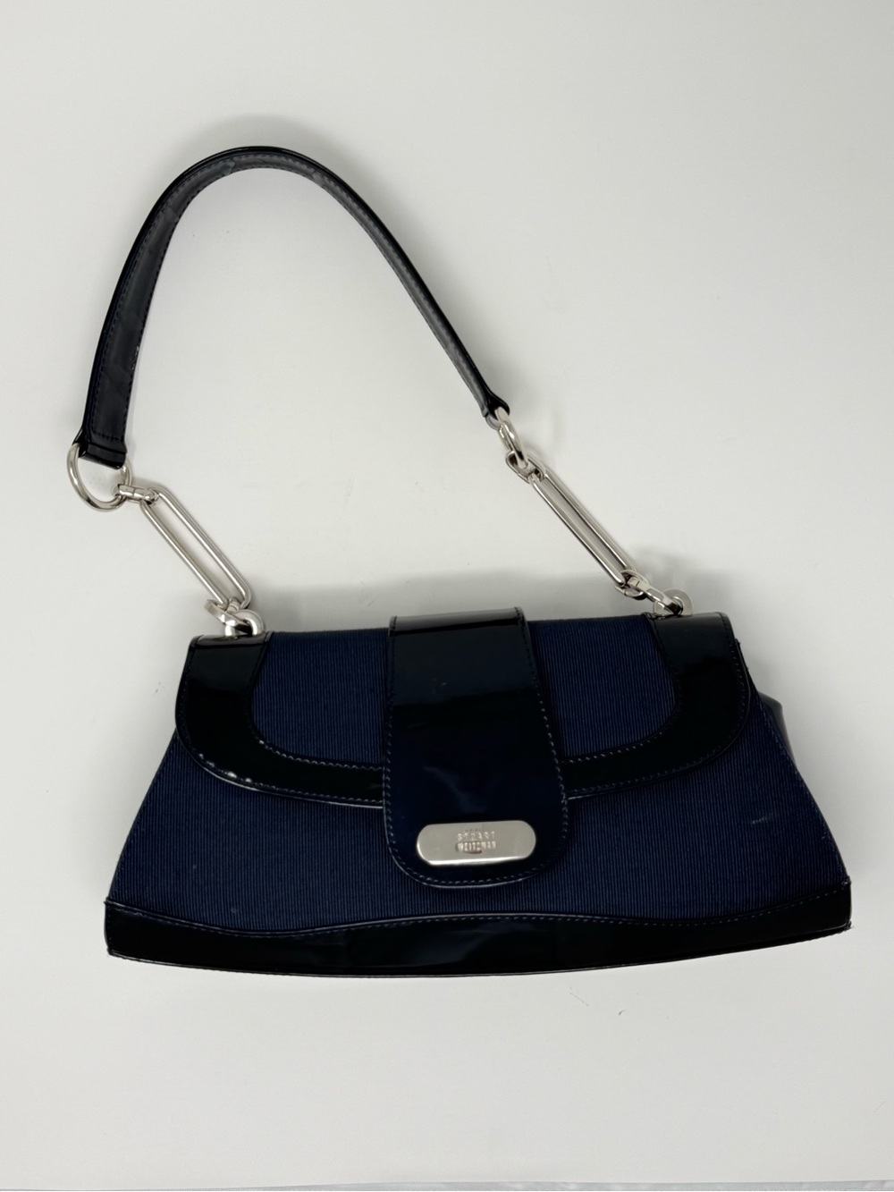 Stewart Weitzman Vintage Shoulder Bag Navy Blue Silver Hardware Patent Leather